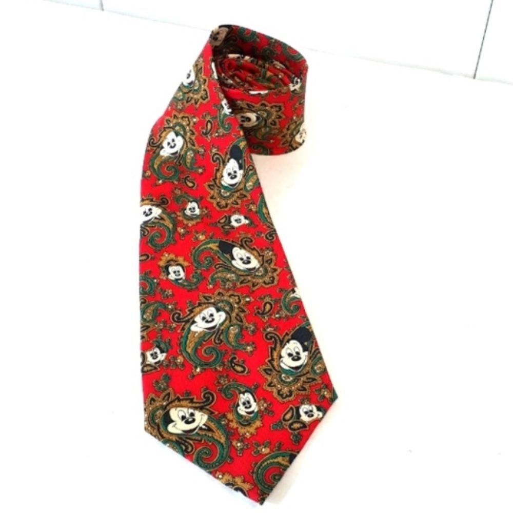 Disney Balancine Inc. Red Green Gold Mickey Mouse Paisley Print 100% Silk Tie